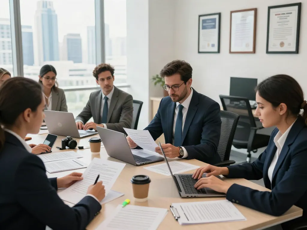 Legal Translation Dubai workspace with professionals collaborating on documents in a modern office.