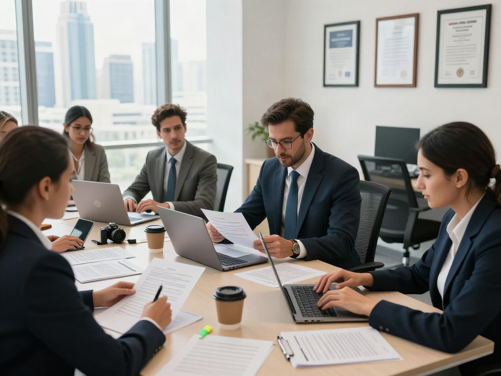 Legal Translation Dubai workspace with professionals collaborating on documents in a modern office.