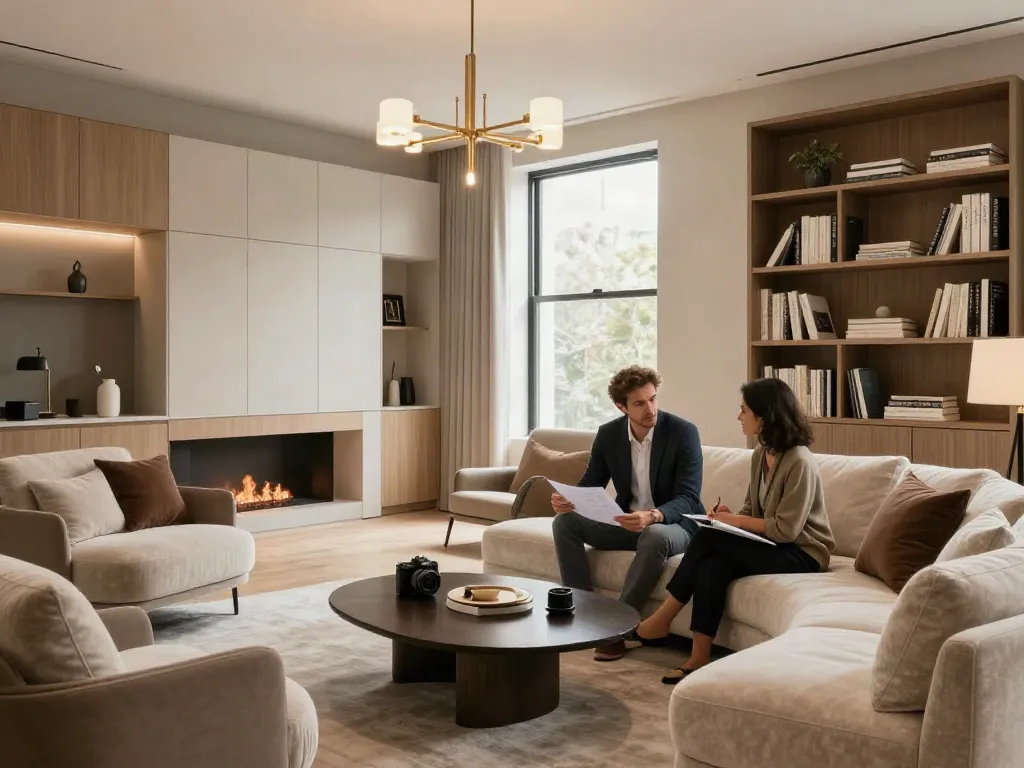 Luxury interior design scene by interior design company Brooklyn NY with designer consulting client.