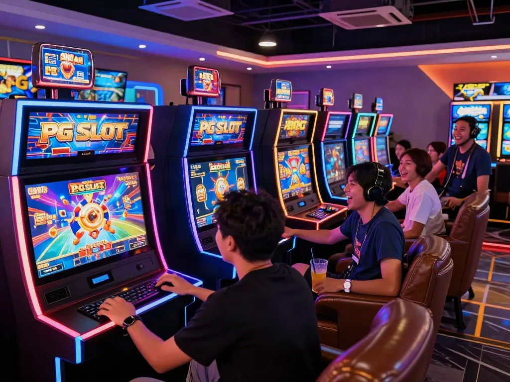Players engaging in PG SLOT games in a lively gaming lounge with vibrant lights.