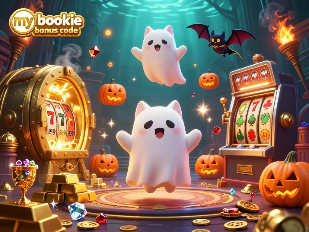 Engage with the mybookie bonus code scene featuring a ghost cat and treasures in a haunted casino.