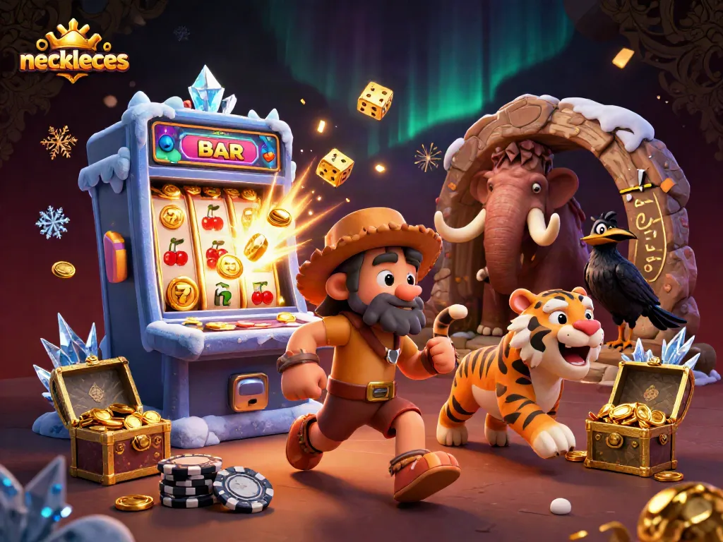 Win big with unique necklaces designs showcased in a vibrant casino scene of cavemen and a sabertooth tiger.