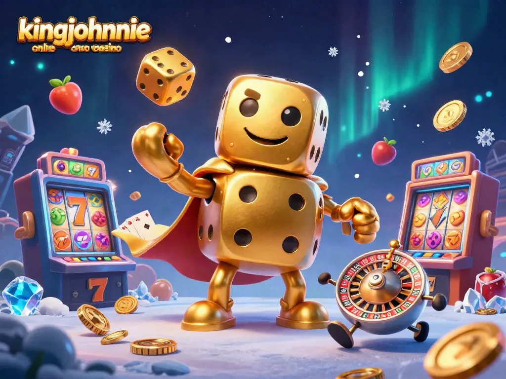 Engage in thrilling games at kingjohnnie online casino with a vibrant 3D illustration featuring dynamic characters and casino elements.