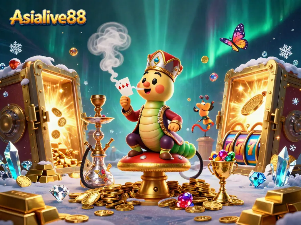Experience the vibrant world of Asialive88 with a caterpillar hookah-master amid rich casino elements.
