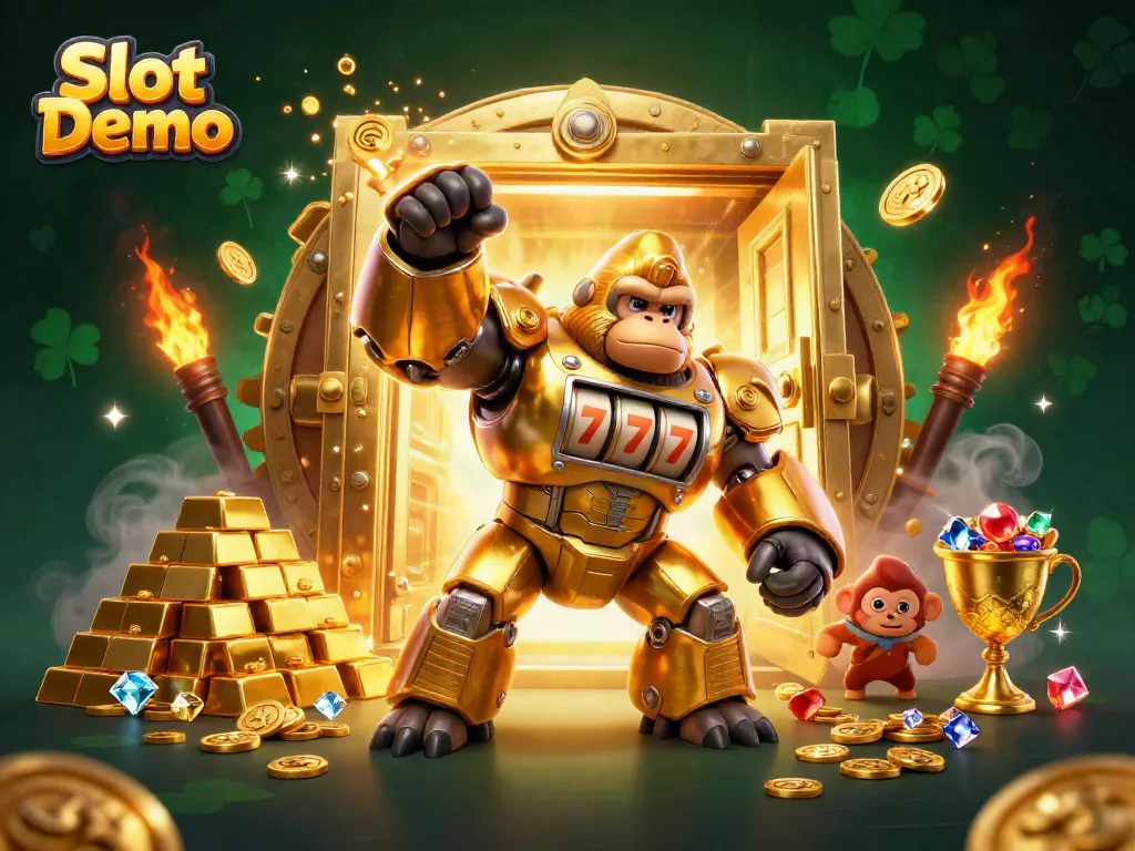 Experience thrilling Slot Demo games with dynamic animated characters and a treasure-filled background.