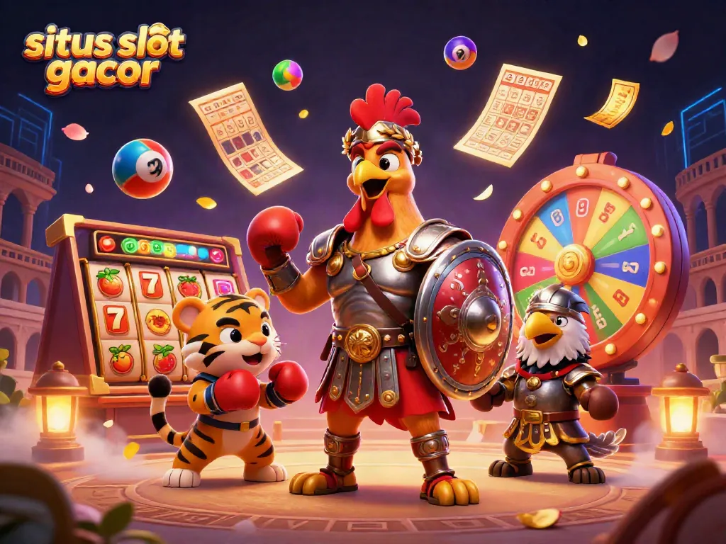 Experience the excitement of situs slot gacor with a vibrant casino scene featuring a gladiator rooster and gaming elements.