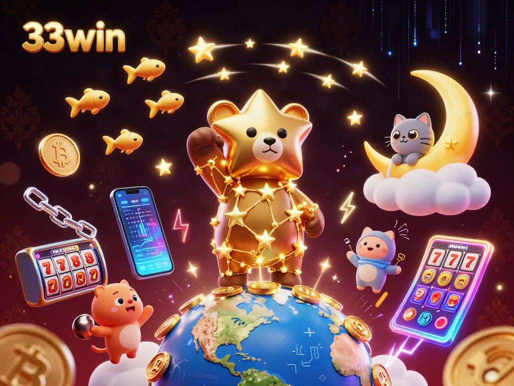 33win slot game with constellation bear and cryptocurrency coins in a dynamic, vibrant scene.