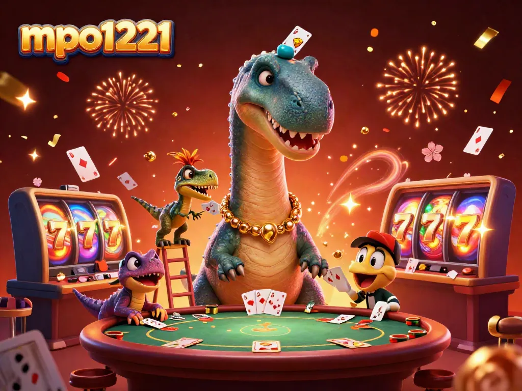 See mpo1221's exciting casino scene with a brontosaurus in action, cards flying and gold sparkles.