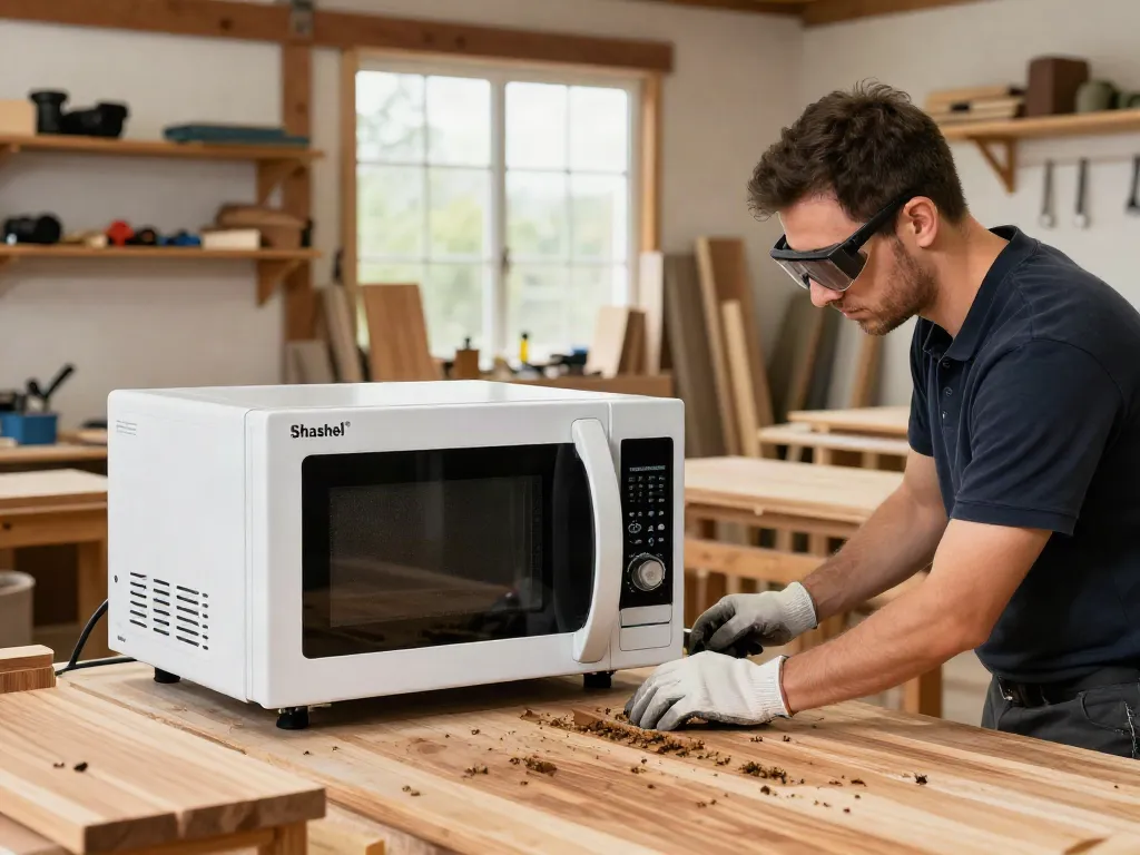 Shashel® microwave wood treatment in a workshop, showcasing eco-friendly insect elimination technology.
