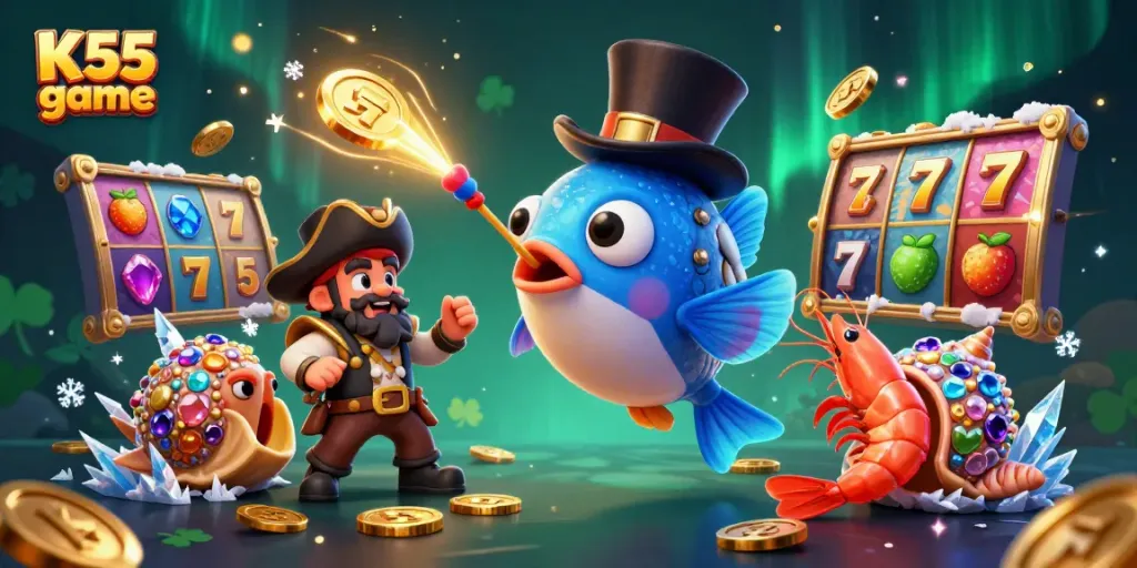 K55 game illustration featuring an anglerfish in a top hat with golden coins, slots, and jackpot symbols.