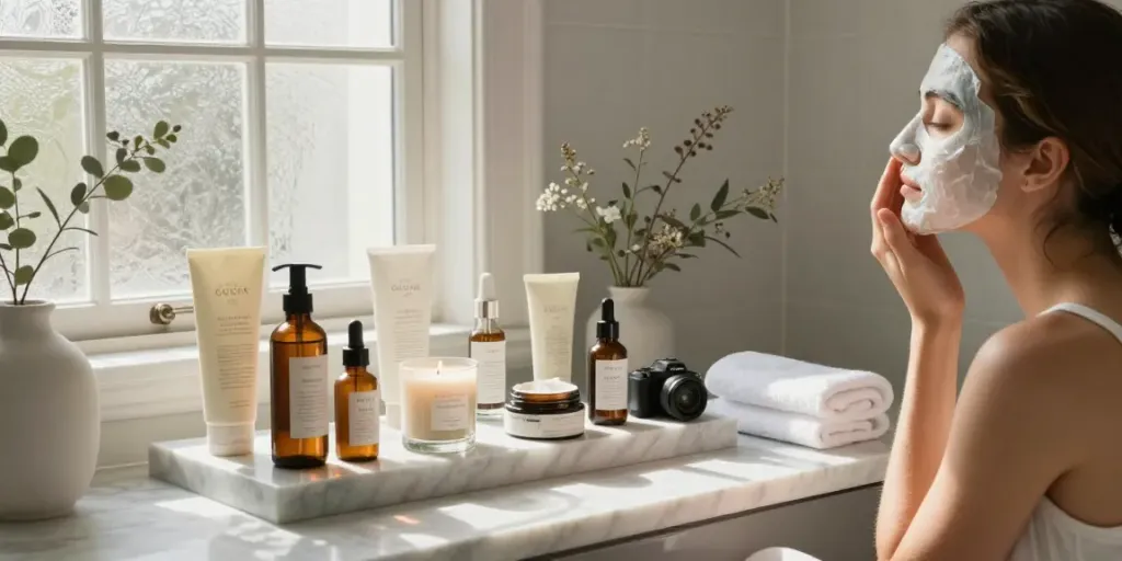 Beauty and wellness products online India displayed in a serene bathroom setting with a woman enjoying self-care.