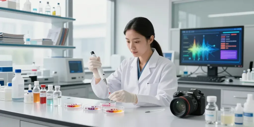 GHK-Cu KPV blend being prepared in a modern skincare lab, showing scientific research and applications.