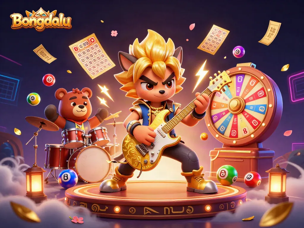 Bongdalu brings excitement with a rock star wolf and lively bear on a casino stage filled with lottery elements.