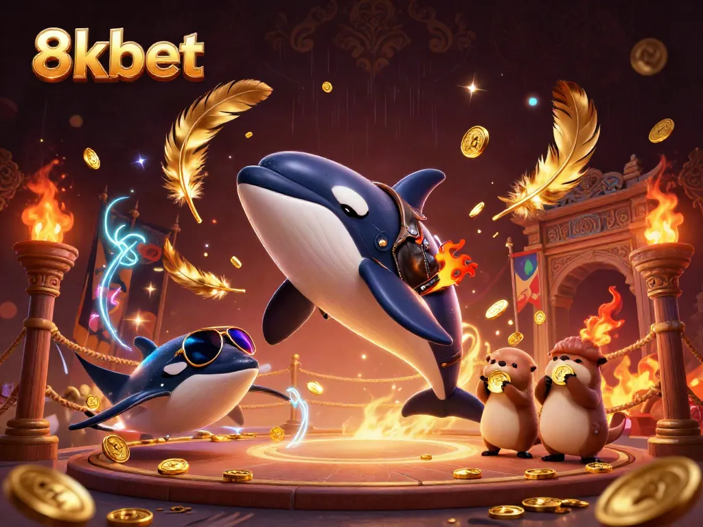 Experience thrilling 8xbet adventures with a jumping orca and sea creatures in a playful casino scene.