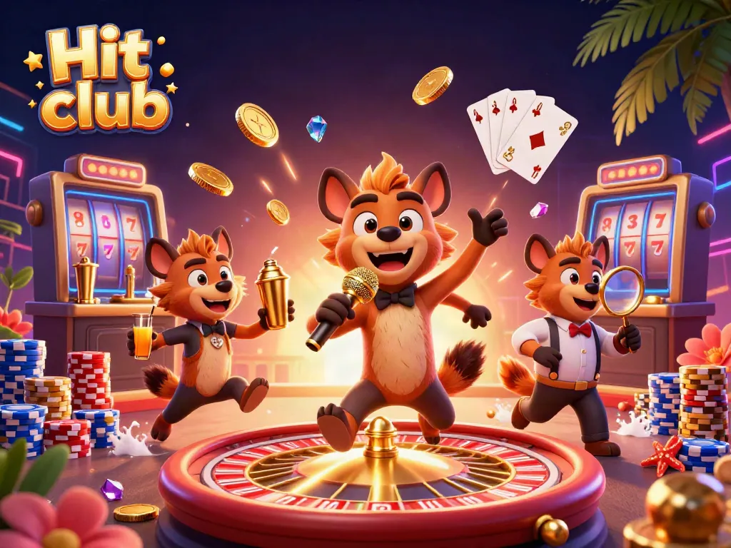 Experience the excitement at Hit club with playful hyenas running a vibrant comedy casino scene.