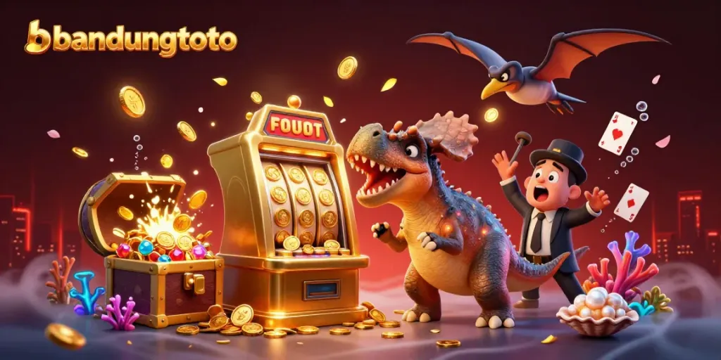 Experience excitement at bandungtoto with a 3D cartoon dinosaur winning jackpots at a golden slot machine.