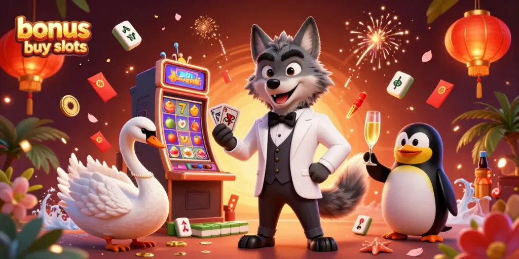 Engage with exciting bonus buy slots in a vibrant casino scene featuring a debonair wolf, elegant swan, and penguin sommelier.