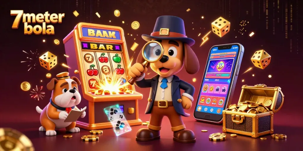 Experience the excitement of 7meter bola with a joyful cartoon detective and gaming elements in a thrilling casino scene.