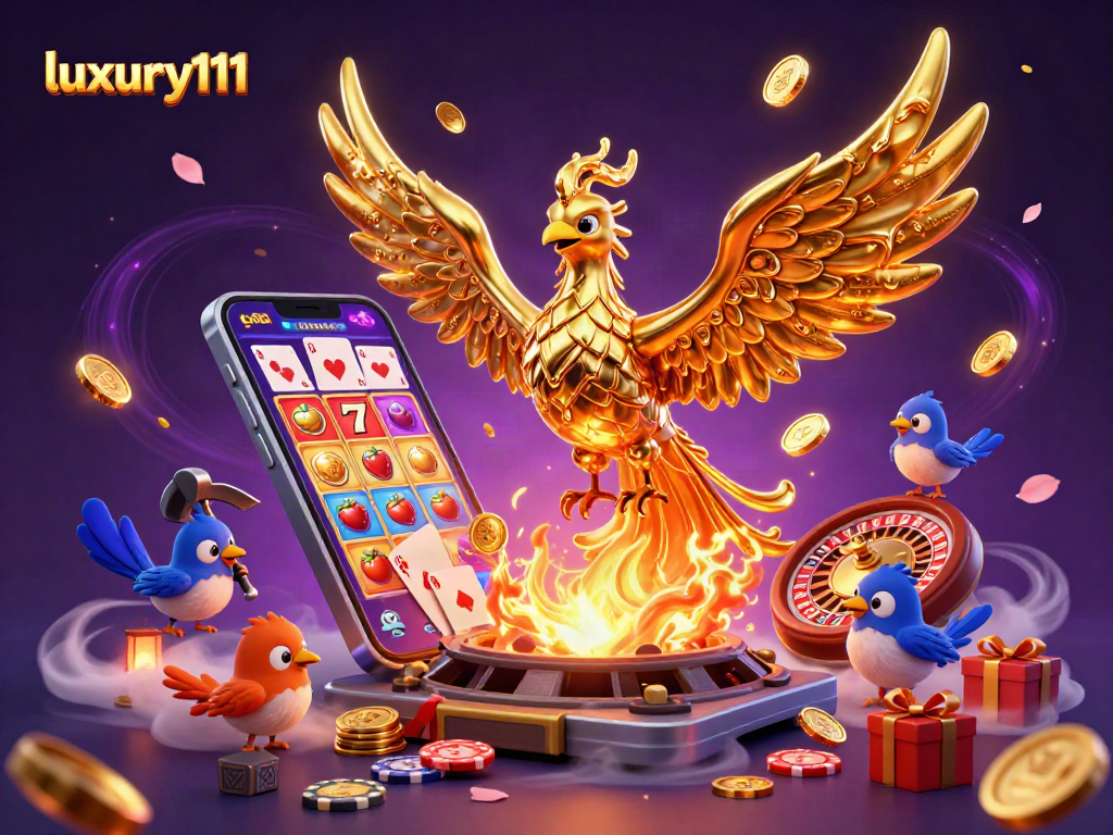 Capture the excitement of luxury111 with a golden phoenix amidst rich casino elements, showcasing vibrant slot games and more.