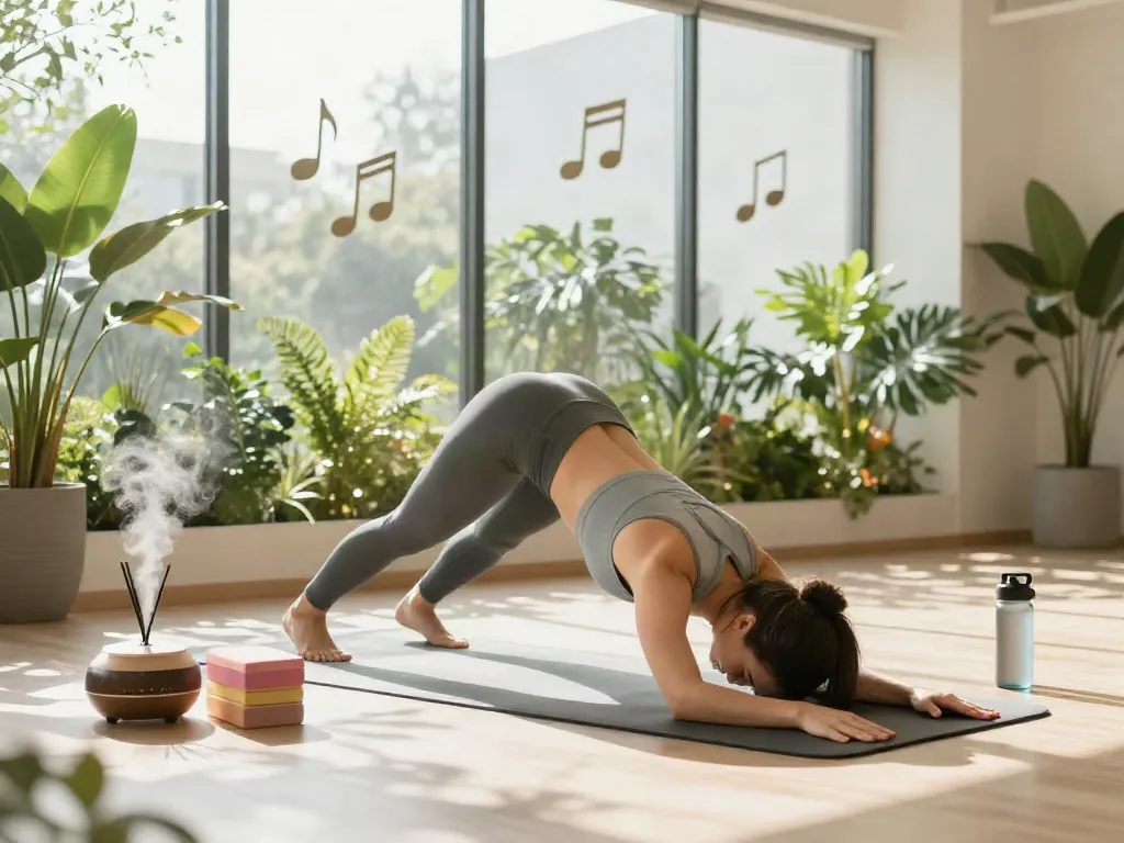 Yoga practitioner demonstrating the benefits of MOTS-C peptide for wellbeing in a serene studio setting.