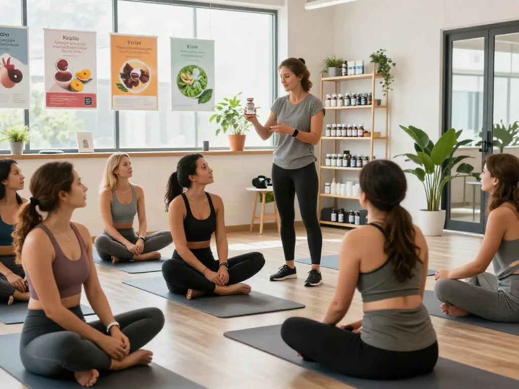 Health workshop featuring klow peptide demonstration in modern wellness studio.
