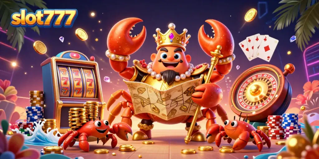 Spin the reels with slot777 in a vibrant underwater casino scene featuring a golden crab emperor.