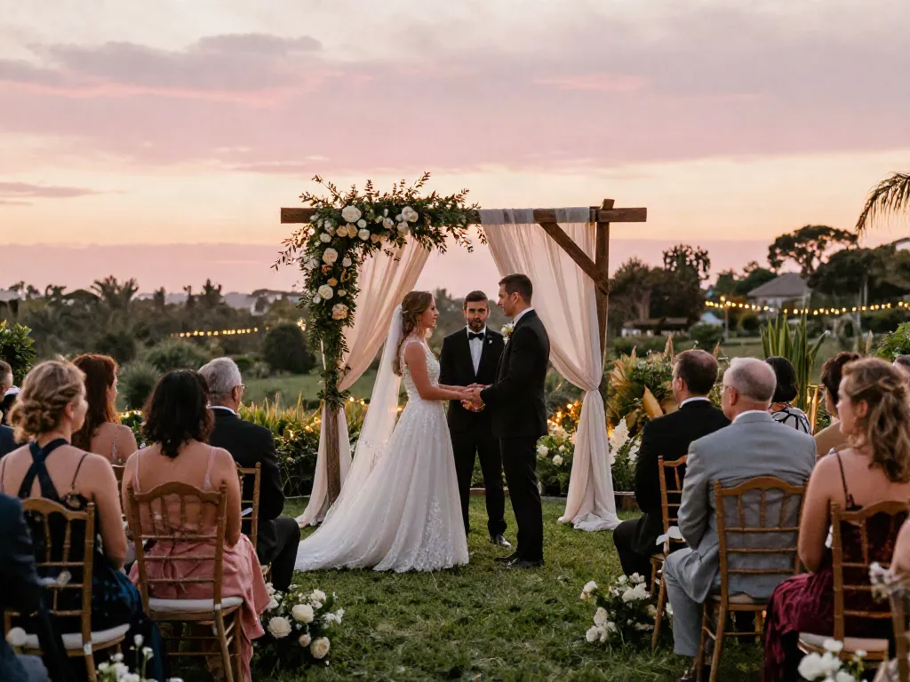 Event furniture rental for an elegant outdoor wedding ceremony with stylish seating and floral décor.