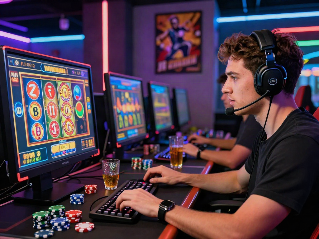 Engaged player at home with slot depo 5k online slot game, colorful chips, thrilling atmosphere.