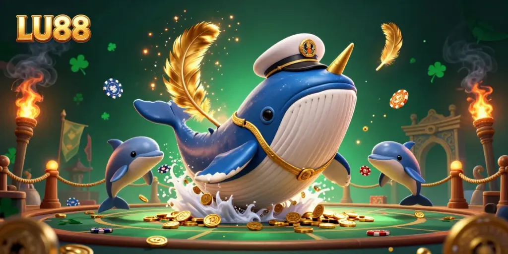 Engage with LU88's thrilling casino experience featuring a whale and dolphins in a dynamic underwater scene.