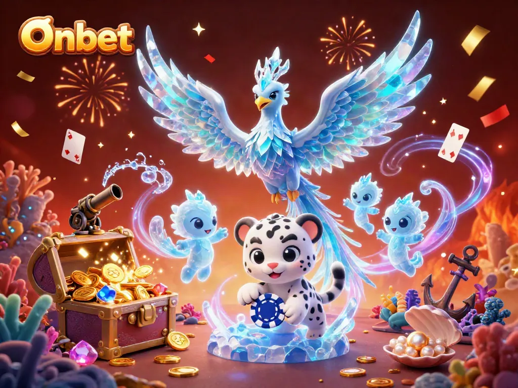 Engaging Onbet scene featuring a majestic ice phoenix and snow leopard cub amidst magical casino elements.