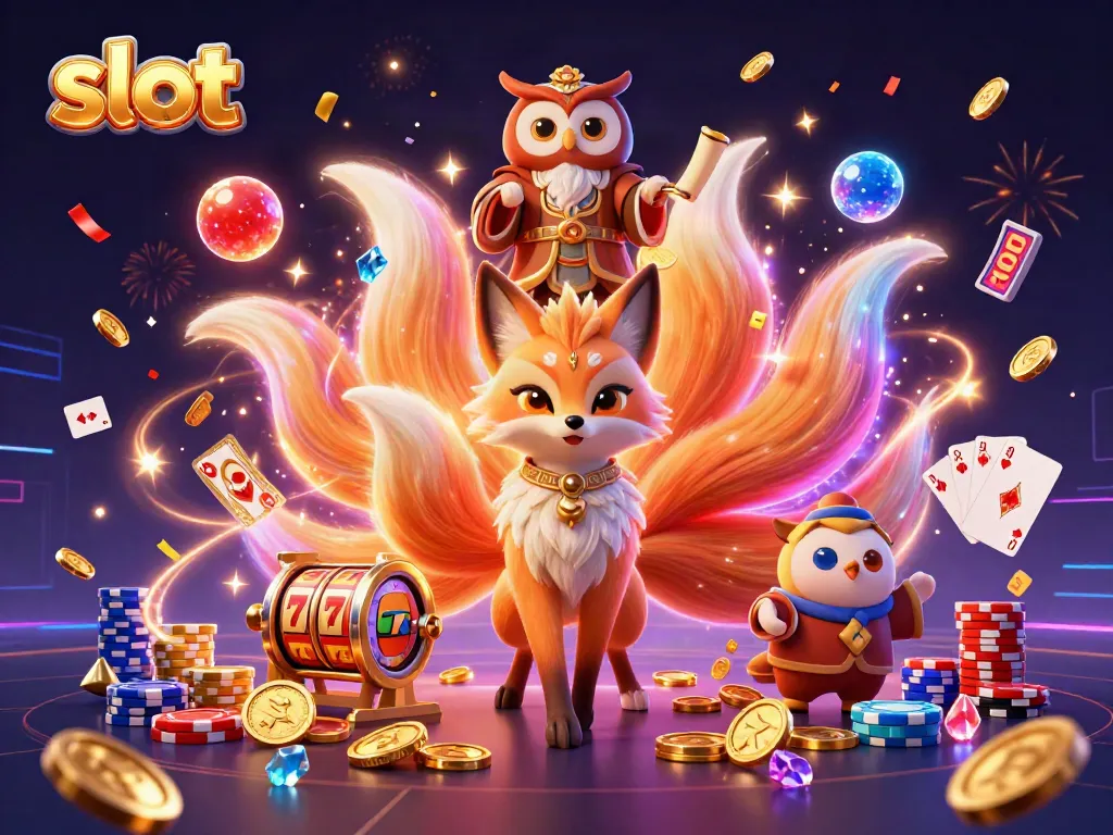 Spin the slot reels with luck in this vibrant 3D illustration featuring a glowing fox and festive casino elements.