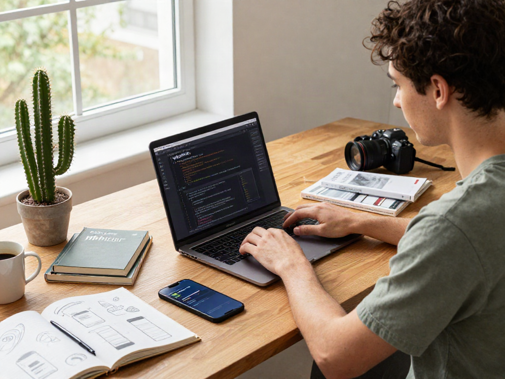Developer focused on pikashow app in a bright home office