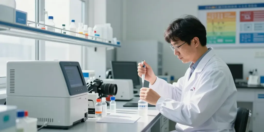 Researcher preparing bacteriostatic water for sale in a professional lab environment.