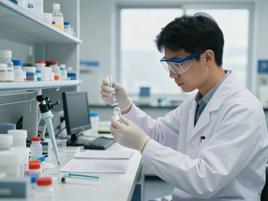 A researcher measuring 3ml bac water in a modern lab, showcasing precision and professionalism.