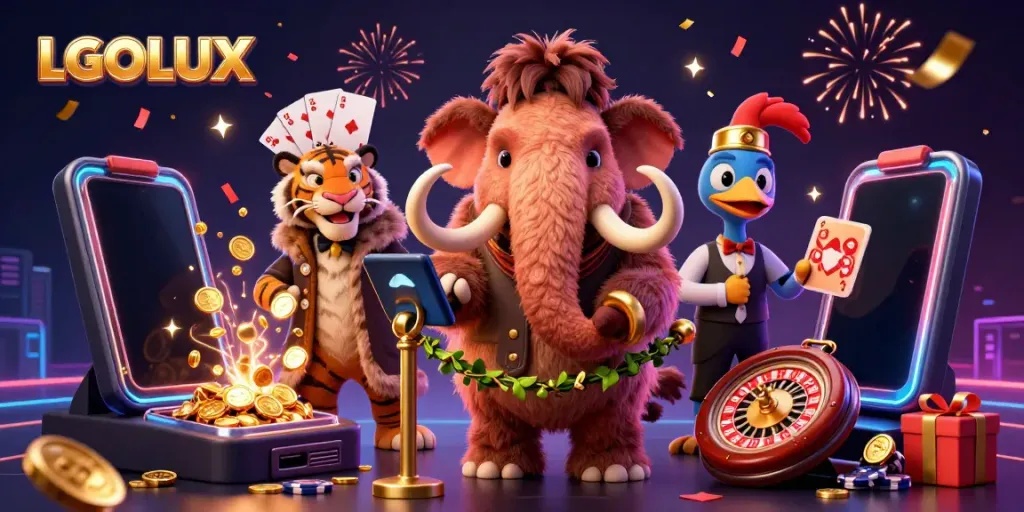 Experience the vibrant world of LGOLUX with a lively scene of a woolly mammoth bouncer and VIP characters at the casino.