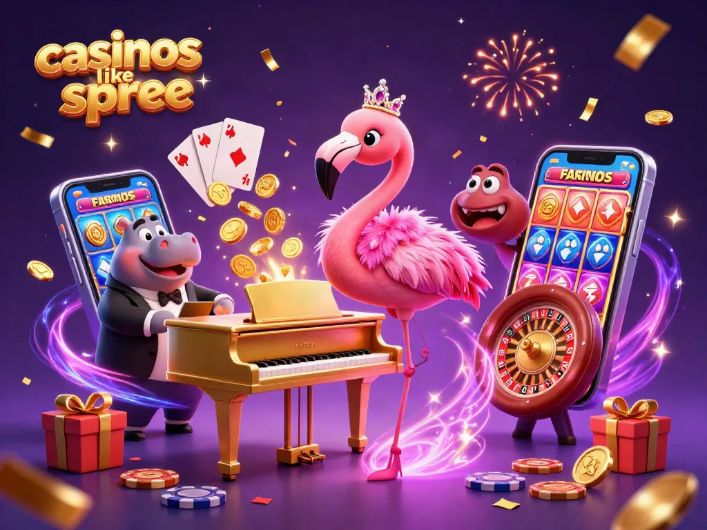 Engage with casinos like Spree through vibrant gaming scenes featuring slot games and festive characters.