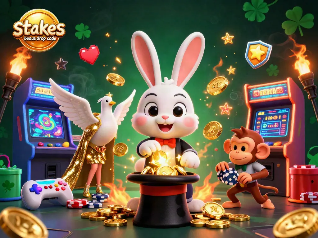 Engage with the exciting stake.us bonus drop code scene featuring a magician, dove, and monkey in a vibrant casino setting.