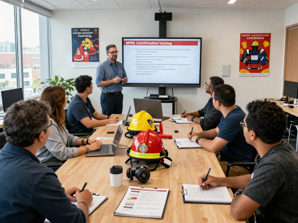 Participants engaged in NFPA Certification Training with instructor, emphasizing fire safety and workplace protocols.