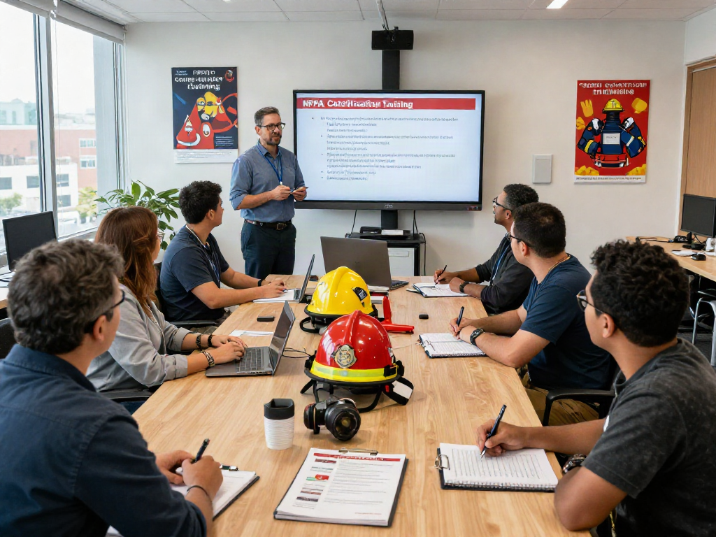 Participants engaged in NFPA Certification Training with instructor, emphasizing fire safety and workplace protocols.