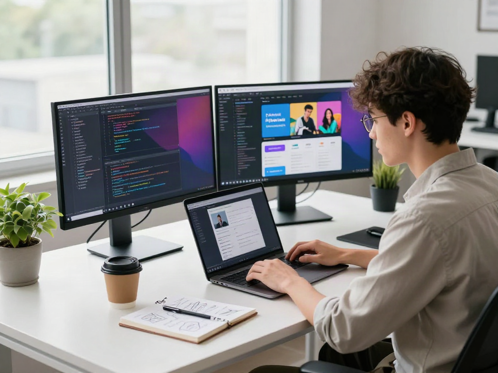 Pikashow app download in a vibrant tech workspace featuring a developer's creative environment.