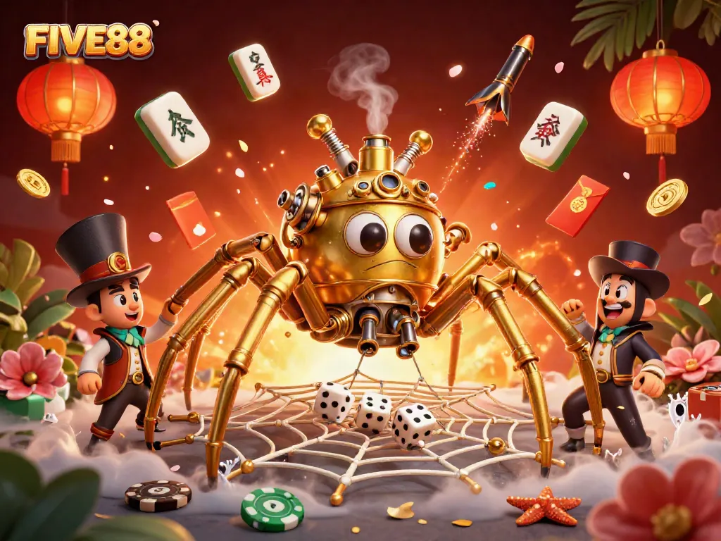Experience the excitement of FIVE88 with a whimsical 3D illustration of a steampunk spider in a dynamic casino scene.