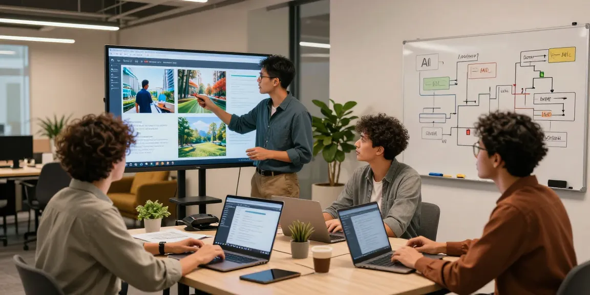 Team collaborating on AI Image Detection analysis in modern tech office.