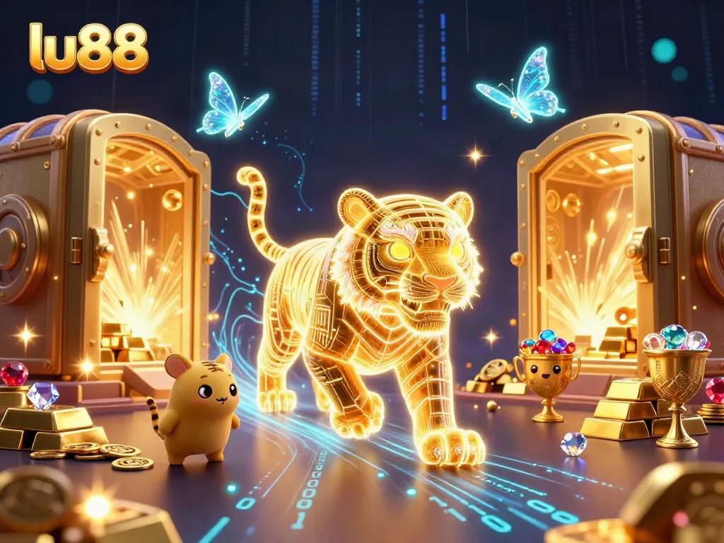 Experience the vibrant world of lu88 as a golden tiger prowls through a digital casino, surrounded by treasures.