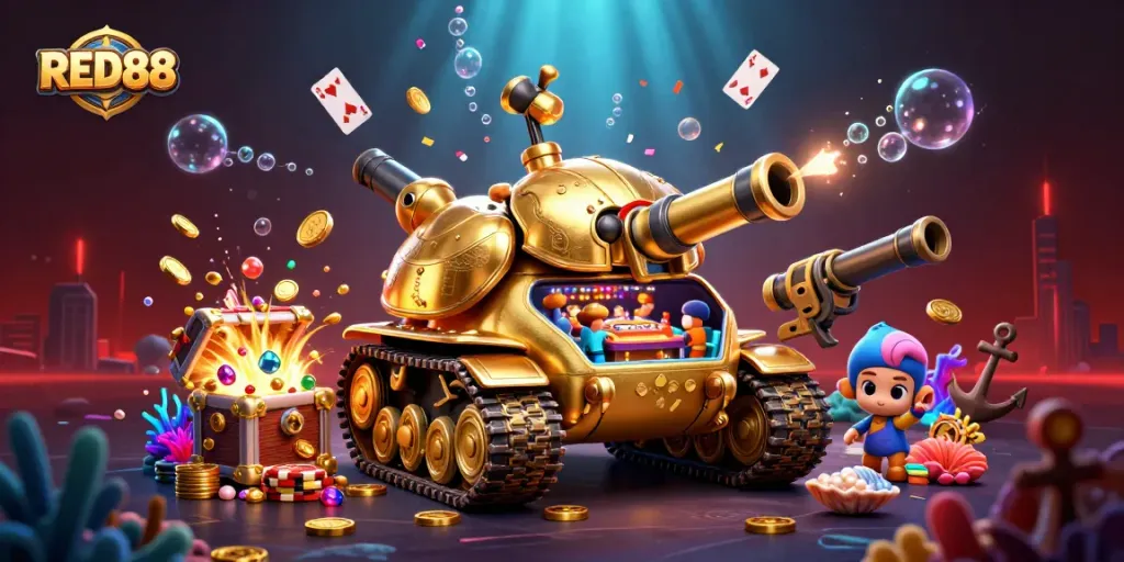 Engage with the vibrant world of RED88, showcasing an animated casino adventure filled with treasures.