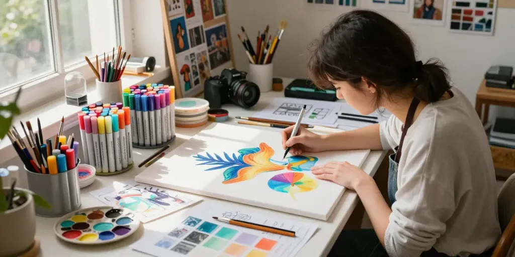 Artist focused on creating artwork with various markers wholesale at her vibrant workspace.
