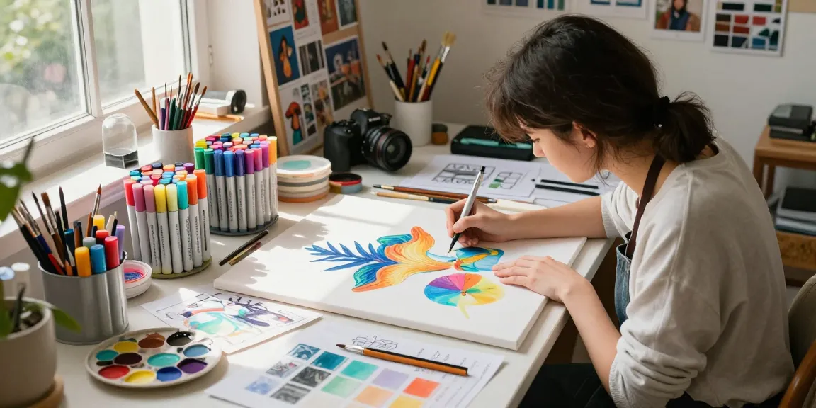 Artist focused on creating artwork with various markers wholesale at her vibrant workspace.