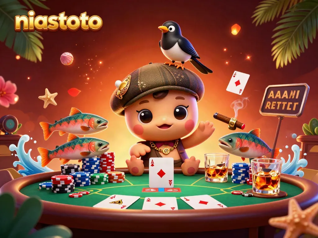 Experience niastoto with playful characters amidst vibrant casino elements and gaming excitement.