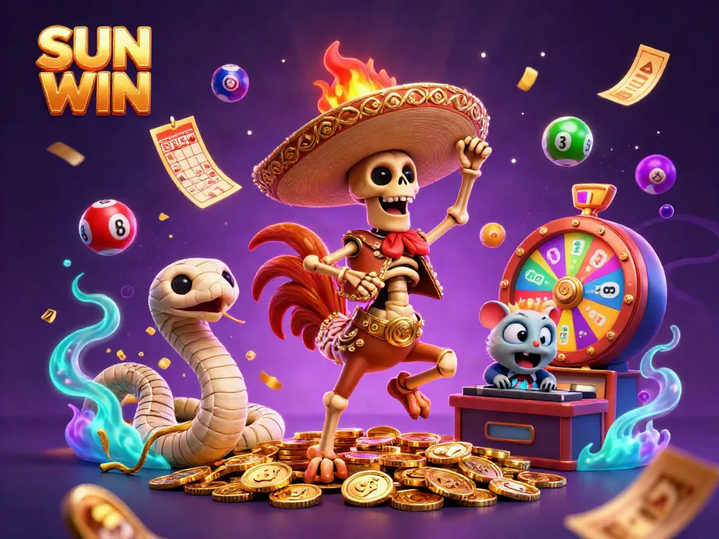 Engaging SUN WIN casino illustration with a lively trio of characters celebrating amidst vibrant game elements.