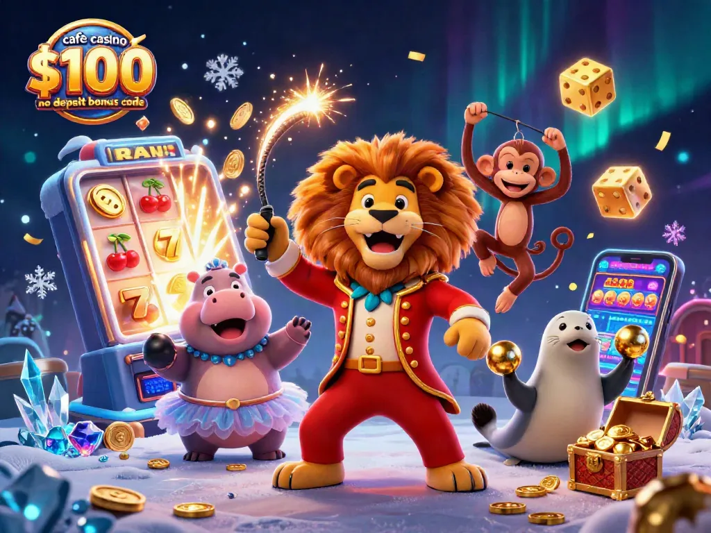 Win big with the cafe casino $100 no deposit bonus code in a vibrant 3D gaming scene full of excitement.