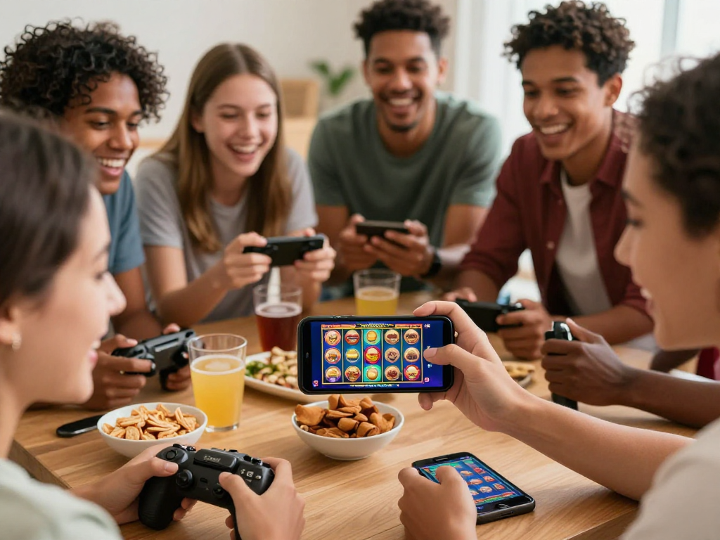 Keasyikan bermain slot digital iga 335 dengan teman-teman di smartphone, suasana ceria dan penuh energi.